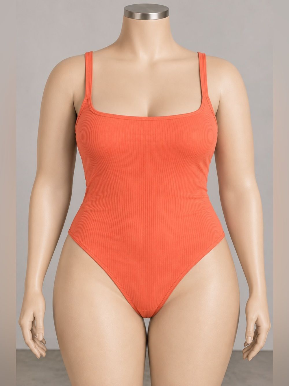 OQQ XL Coral Ribbed Square Neck Bodysuit Sleeveless Cheeky Back